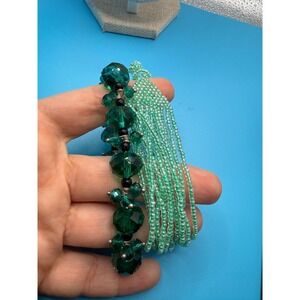Green Crystal Beaded Stretch Bracelet & Mint Seed Bead Multi Strand Set 2pc
